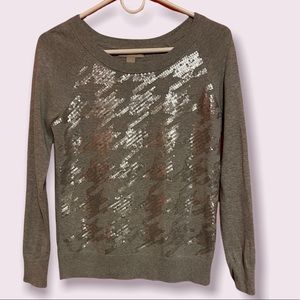 Banana Republic Womens Crew Neck Pullover Sweater Gray Sequin Cotton Kni…